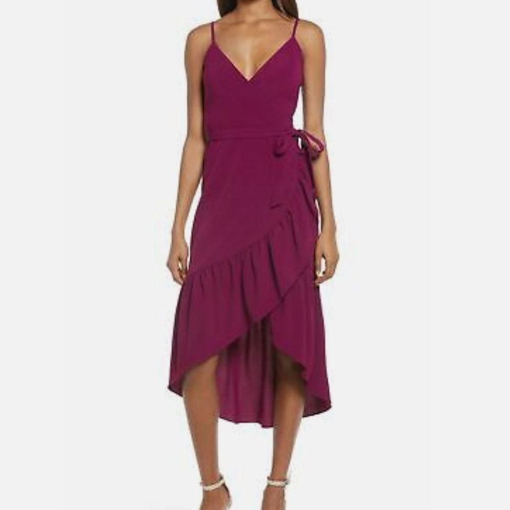 NWT Dress the Population Delphine Wrap Hi Low Flounce Dress Size S